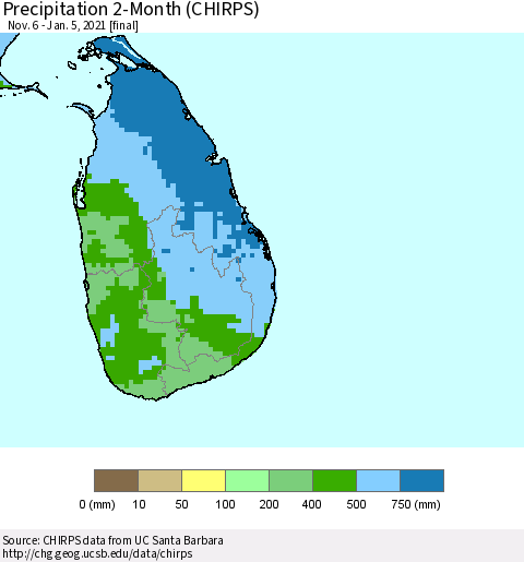 Sri Lanka Precipitation 2-Month (CHIRPS) Thematic Map For 11/6/2020 - 1/5/2021