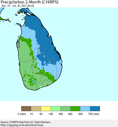 Sri Lanka Precipitation 2-Month (CHIRPS) Thematic Map For 11/21/2020 - 1/20/2021