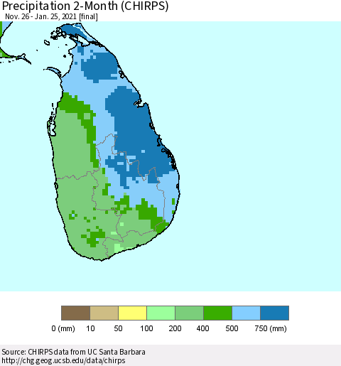 Sri Lanka Precipitation 2-Month (CHIRPS) Thematic Map For 11/26/2020 - 1/25/2021