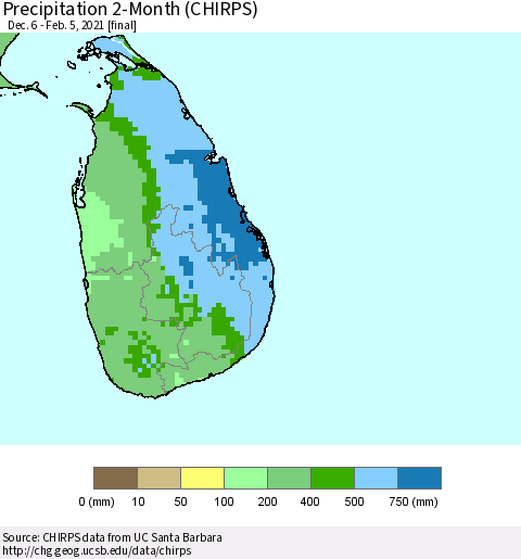 Sri Lanka Precipitation 2-Month (CHIRPS) Thematic Map For 12/6/2020 - 2/5/2021