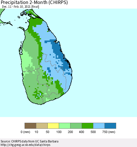 Sri Lanka Precipitation 2-Month (CHIRPS) Thematic Map For 12/11/2020 - 2/10/2021