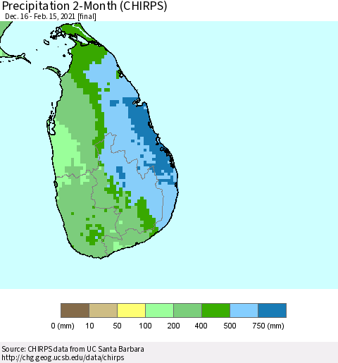 Sri Lanka Precipitation 2-Month (CHIRPS) Thematic Map For 12/16/2020 - 2/15/2021