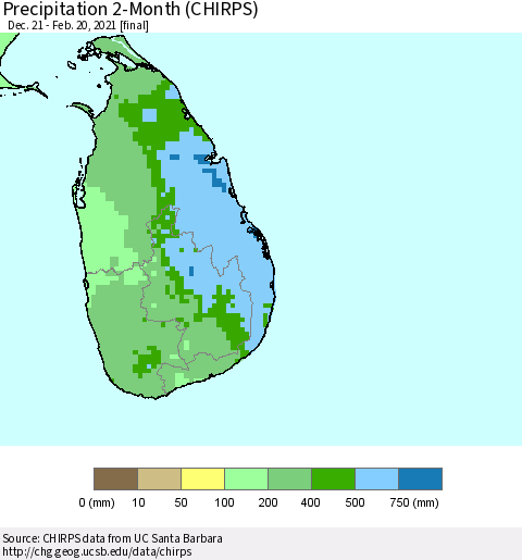 Sri Lanka Precipitation 2-Month (CHIRPS) Thematic Map For 12/21/2020 - 2/20/2021