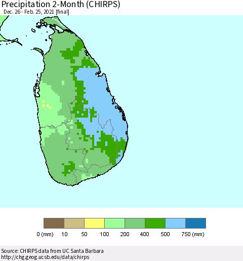 Sri Lanka Precipitation 2-Month (CHIRPS) Thematic Map For 12/26/2020 - 2/25/2021