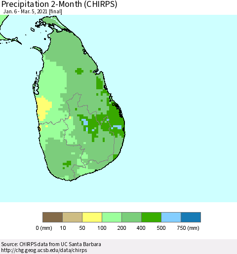 Sri Lanka Precipitation 2-Month (CHIRPS) Thematic Map For 1/6/2021 - 3/5/2021