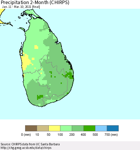 Sri Lanka Precipitation 2-Month (CHIRPS) Thematic Map For 1/11/2021 - 3/10/2021
