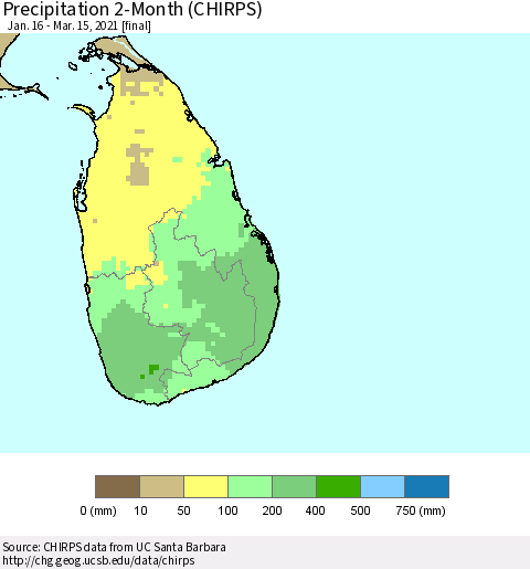 Sri Lanka Precipitation 2-Month (CHIRPS) Thematic Map For 1/16/2021 - 3/15/2021