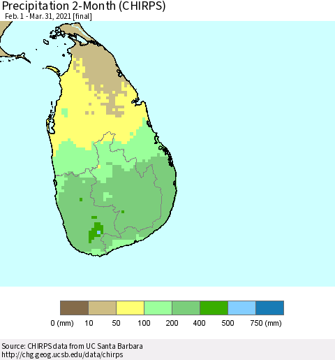Sri Lanka Precipitation 2-Month (CHIRPS) Thematic Map For 2/1/2021 - 3/31/2021