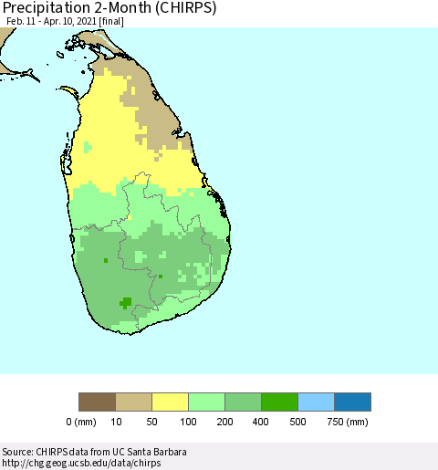 Sri Lanka Precipitation 2-Month (CHIRPS) Thematic Map For 2/11/2021 - 4/10/2021