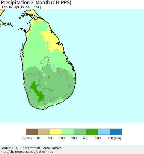 Sri Lanka Precipitation 2-Month (CHIRPS) Thematic Map For 2/16/2021 - 4/15/2021