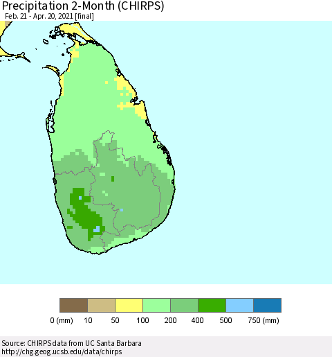 Sri Lanka Precipitation 2-Month (CHIRPS) Thematic Map For 2/21/2021 - 4/20/2021