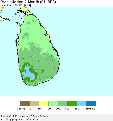 Sri Lanka Precipitation 2-Month (CHIRPS) Thematic Map For 3/1/2021 - 4/30/2021