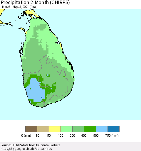 Sri Lanka Precipitation 2-Month (CHIRPS) Thematic Map For 3/6/2021 - 5/5/2021