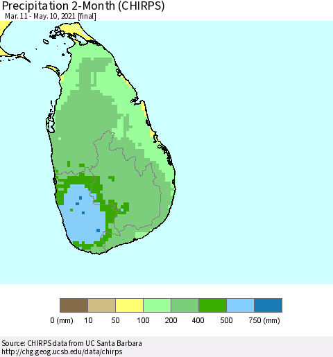 Sri Lanka Precipitation 2-Month (CHIRPS) Thematic Map For 3/11/2021 - 5/10/2021