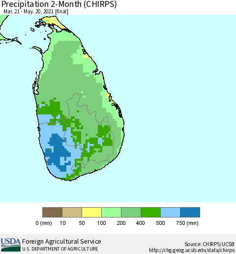 Sri Lanka Precipitation 2-Month (CHIRPS) Thematic Map For 3/21/2021 - 5/20/2021