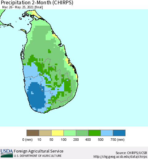Sri Lanka Precipitation 2-Month (CHIRPS) Thematic Map For 3/26/2021 - 5/25/2021