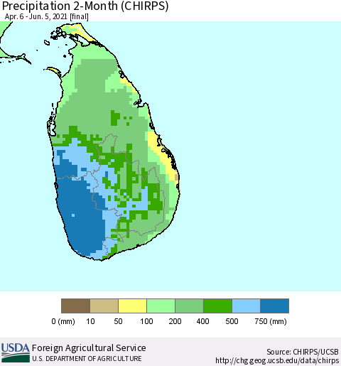 Sri Lanka Precipitation 2-Month (CHIRPS) Thematic Map For 4/6/2021 - 6/5/2021