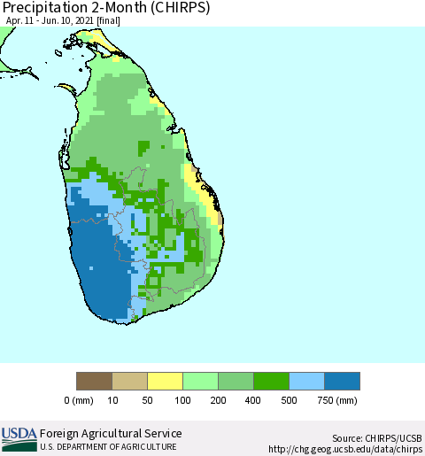 Sri Lanka Precipitation 2-Month (CHIRPS) Thematic Map For 4/11/2021 - 6/10/2021