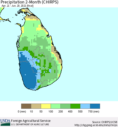 Sri Lanka Precipitation 2-Month (CHIRPS) Thematic Map For 4/21/2021 - 6/20/2021