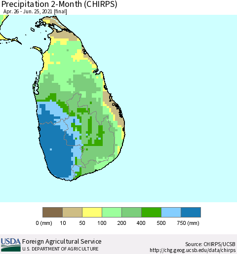 Sri Lanka Precipitation 2-Month (CHIRPS) Thematic Map For 4/26/2021 - 6/25/2021