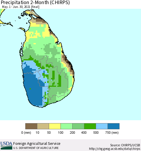 Sri Lanka Precipitation 2-Month (CHIRPS) Thematic Map For 5/1/2021 - 6/30/2021