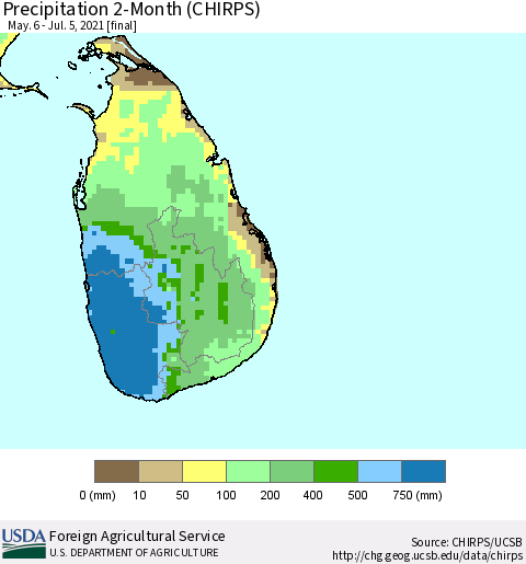 Sri Lanka Precipitation 2-Month (CHIRPS) Thematic Map For 5/6/2021 - 7/5/2021