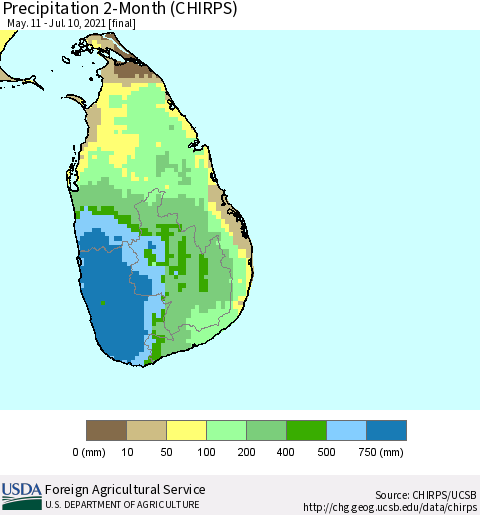 Sri Lanka Precipitation 2-Month (CHIRPS) Thematic Map For 5/11/2021 - 7/10/2021