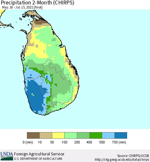 Sri Lanka Precipitation 2-Month (CHIRPS) Thematic Map For 5/16/2021 - 7/15/2021