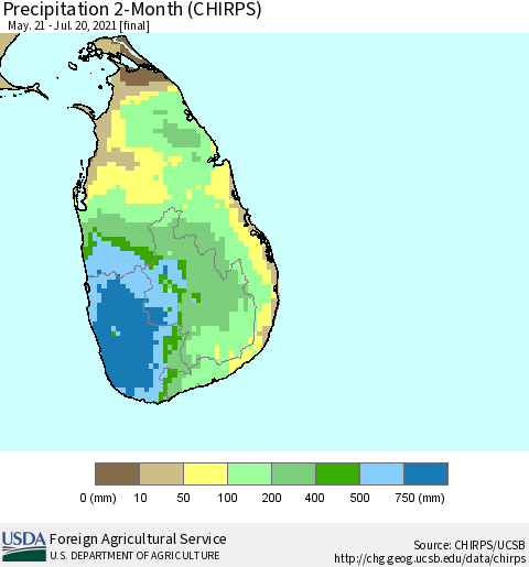 Sri Lanka Precipitation 2-Month (CHIRPS) Thematic Map For 5/21/2021 - 7/20/2021