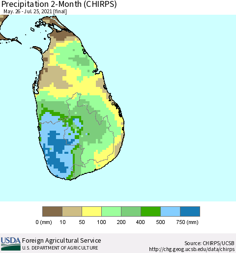 Sri Lanka Precipitation 2-Month (CHIRPS) Thematic Map For 5/26/2021 - 7/25/2021