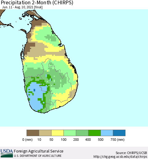 Sri Lanka Precipitation 2-Month (CHIRPS) Thematic Map For 6/11/2021 - 8/10/2021