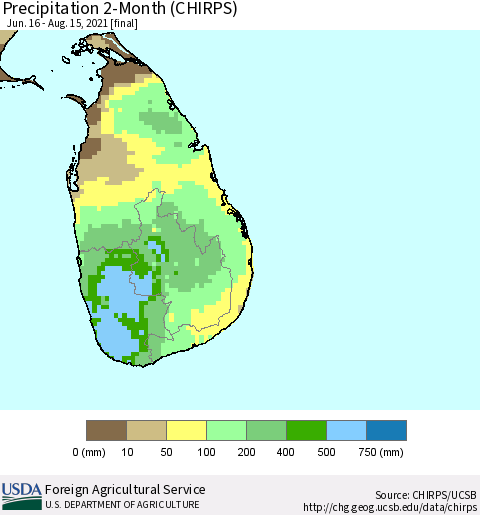 Sri Lanka Precipitation 2-Month (CHIRPS) Thematic Map For 6/16/2021 - 8/15/2021