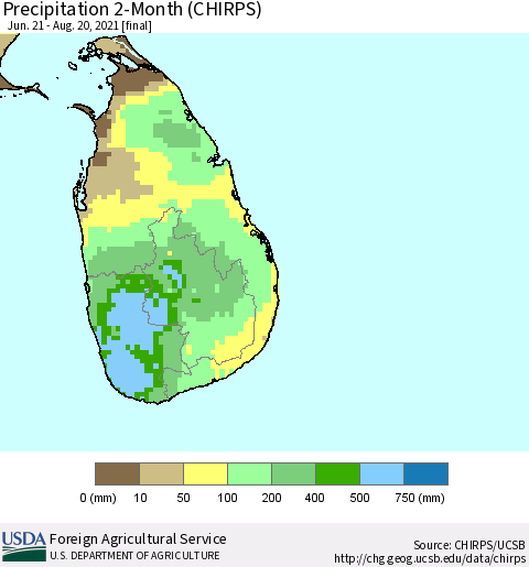 Sri Lanka Precipitation 2-Month (CHIRPS) Thematic Map For 6/21/2021 - 8/20/2021