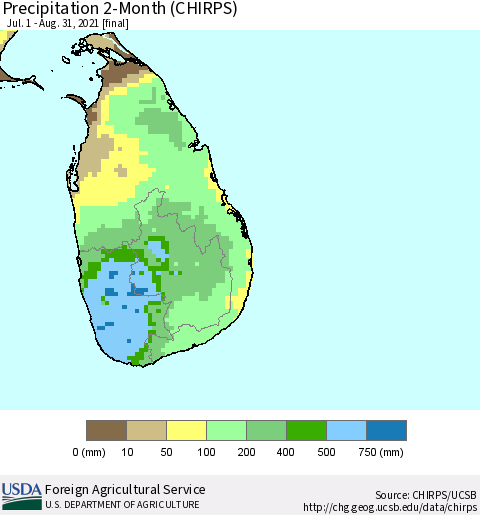 Sri Lanka Precipitation 2-Month (CHIRPS) Thematic Map For 7/1/2021 - 8/31/2021