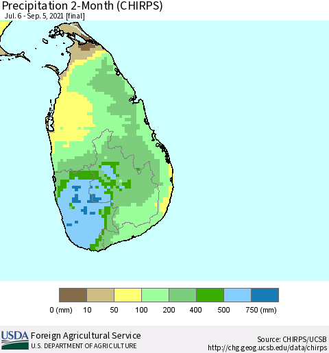 Sri Lanka Precipitation 2-Month (CHIRPS) Thematic Map For 7/6/2021 - 9/5/2021