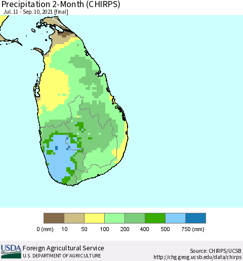 Sri Lanka Precipitation 2-Month (CHIRPS) Thematic Map For 7/11/2021 - 9/10/2021