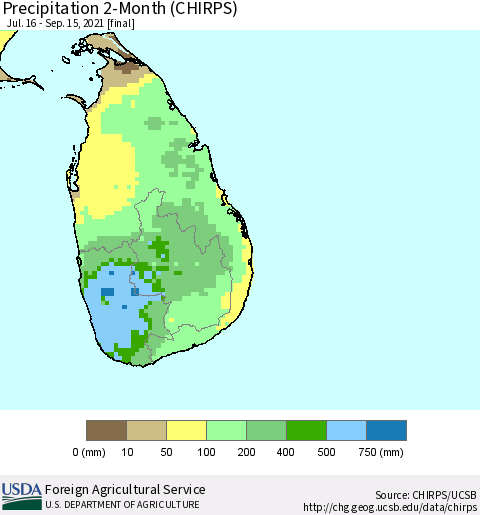 Sri Lanka Precipitation 2-Month (CHIRPS) Thematic Map For 7/16/2021 - 9/15/2021