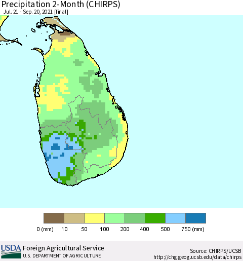 Sri Lanka Precipitation 2-Month (CHIRPS) Thematic Map For 7/21/2021 - 9/20/2021
