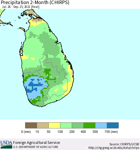 Sri Lanka Precipitation 2-Month (CHIRPS) Thematic Map For 7/26/2021 - 9/25/2021