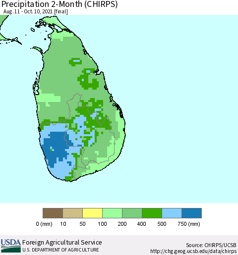 Sri Lanka Precipitation 2-Month (CHIRPS) Thematic Map For 8/11/2021 - 10/10/2021