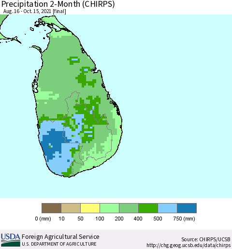 Sri Lanka Precipitation 2-Month (CHIRPS) Thematic Map For 8/16/2021 - 10/15/2021