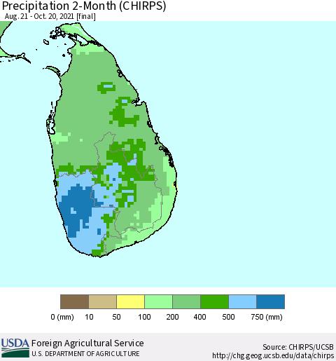 Sri Lanka Precipitation 2-Month (CHIRPS) Thematic Map For 8/21/2021 - 10/20/2021