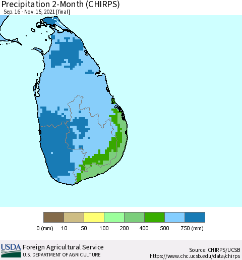 Sri Lanka Precipitation 2-Month (CHIRPS) Thematic Map For 9/16/2021 - 11/15/2021