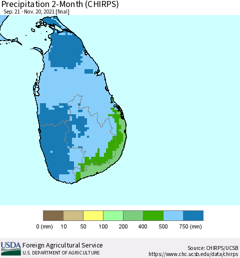 Sri Lanka Precipitation 2-Month (CHIRPS) Thematic Map For 9/21/2021 - 11/20/2021