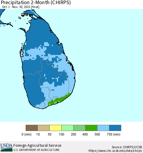 Sri Lanka Precipitation 2-Month (CHIRPS) Thematic Map For 10/1/2021 - 11/30/2021