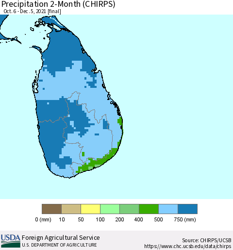 Sri Lanka Precipitation 2-Month (CHIRPS) Thematic Map For 10/6/2021 - 12/5/2021