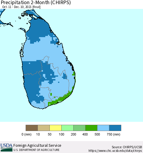 Sri Lanka Precipitation 2-Month (CHIRPS) Thematic Map For 10/11/2021 - 12/10/2021