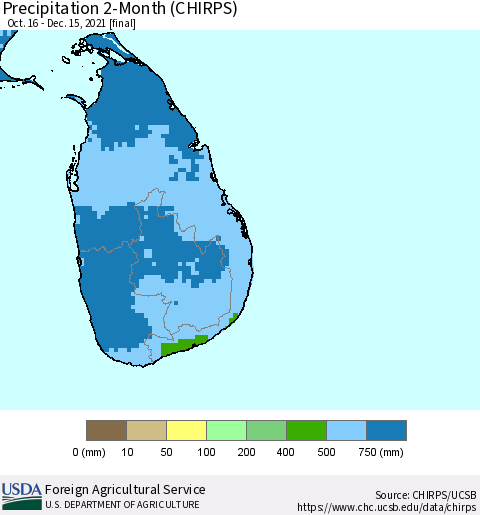 Sri Lanka Precipitation 2-Month (CHIRPS) Thematic Map For 10/16/2021 - 12/15/2021