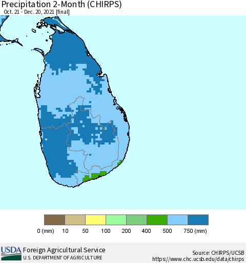Sri Lanka Precipitation 2-Month (CHIRPS) Thematic Map For 10/21/2021 - 12/20/2021