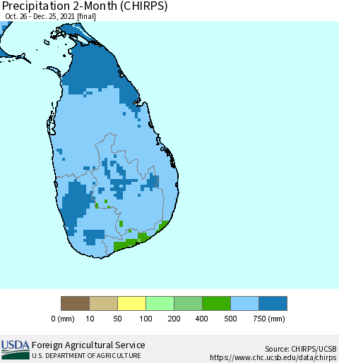 Sri Lanka Precipitation 2-Month (CHIRPS) Thematic Map For 10/26/2021 - 12/25/2021